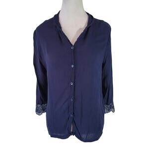 Frette Size S Long Sleeve Button Up Lace Sleeve Trim Navy Pajama Top Loungewear